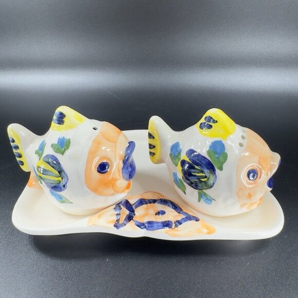 Hand Made Italian Pottery Set Tray Shakers And Fish With Open Mouth Figure VTG - Picture 16 of 16